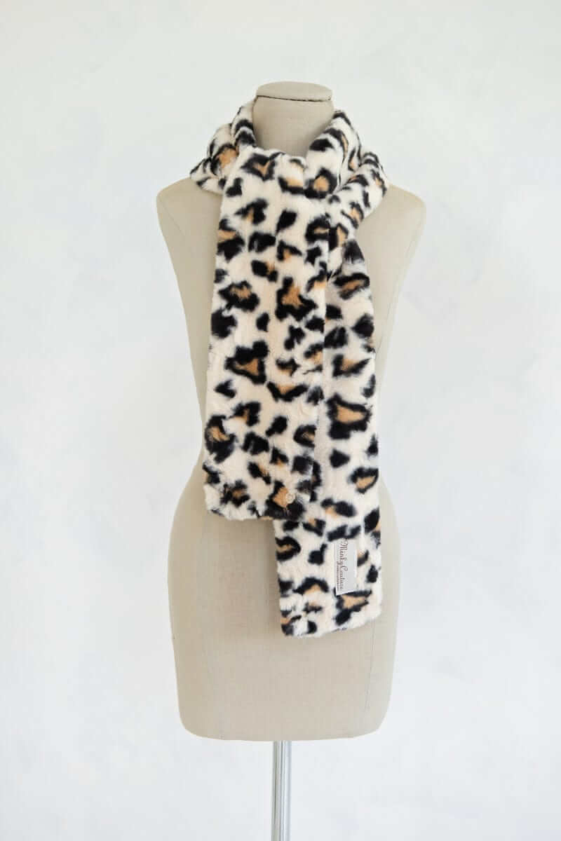 Lush Scarf in  Leo cream Leopard print, a stylish and cozy minky scarf perfect for chilly days and winter fashion.