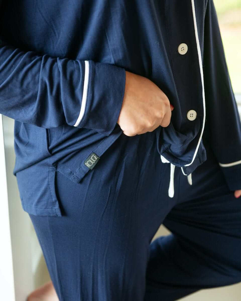 Navy Evening Blue Middle of the Night Pajamas featuring classic button-up design and high-waisted bottoms.