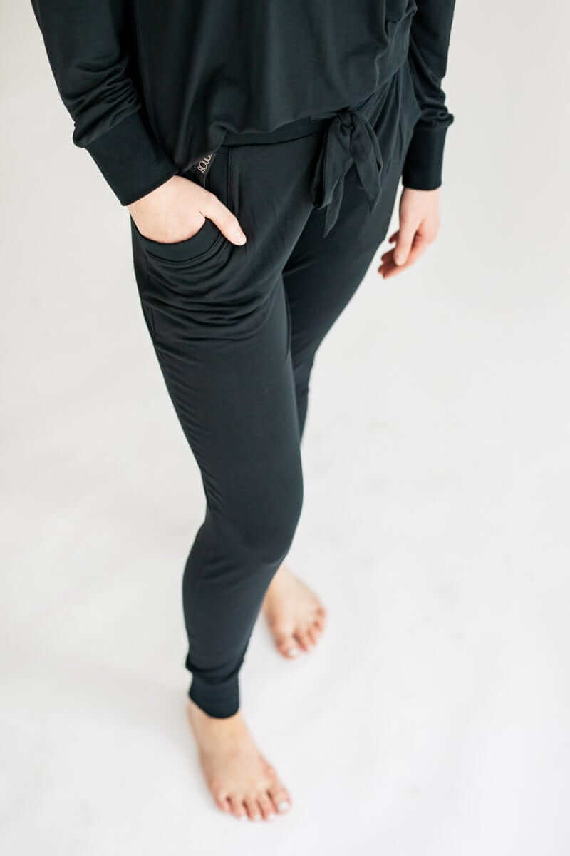 Must be Bamboo Pajamas Black outfit featuring soft bamboo blend long sleeve top and stylish pants with pockets.