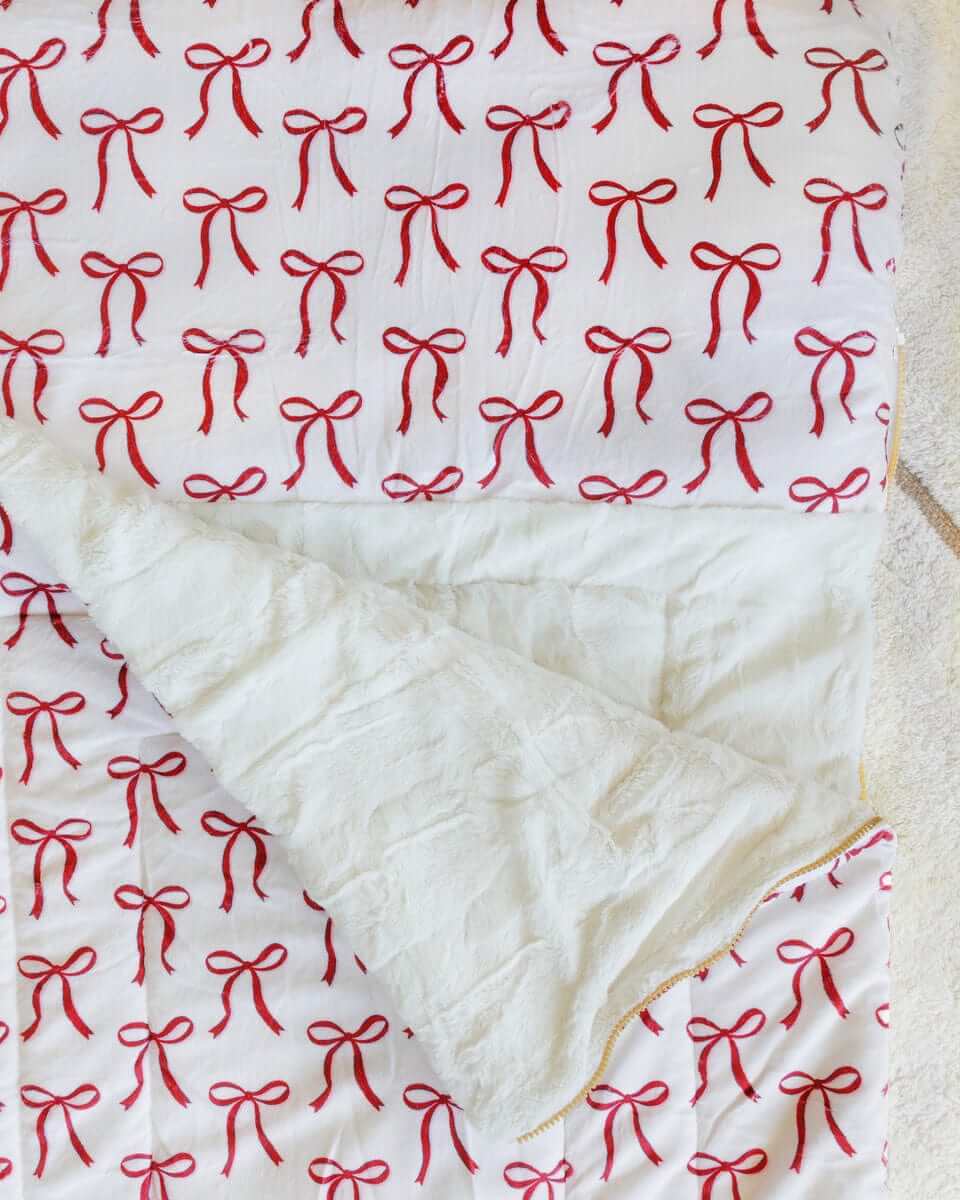 Red ribbons bow patterned Minky Couture blanket sleeping bag.