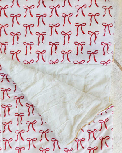 Red ribbons bow patterned Minky Couture blanket sleeping bag.