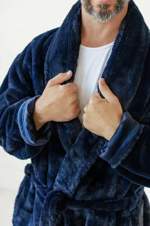 Navy Robe with plush collar and inner ties, worn by a man, showcasing the luxurious micro-plush fabric.
