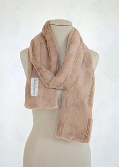 Sorbet Scarf displayed on a mannequin, showcasing its smooth texture and elegant chocolate color.