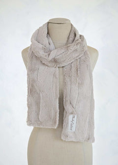 Sorbet Scarf displayed on a mannequin, showcasing its smooth texture and elegant tranquil dove color.