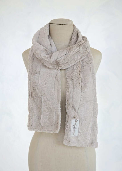 Sorbet Scarf displayed on a mannequin, showcasing its smooth texture and elegant tranquil dove color.