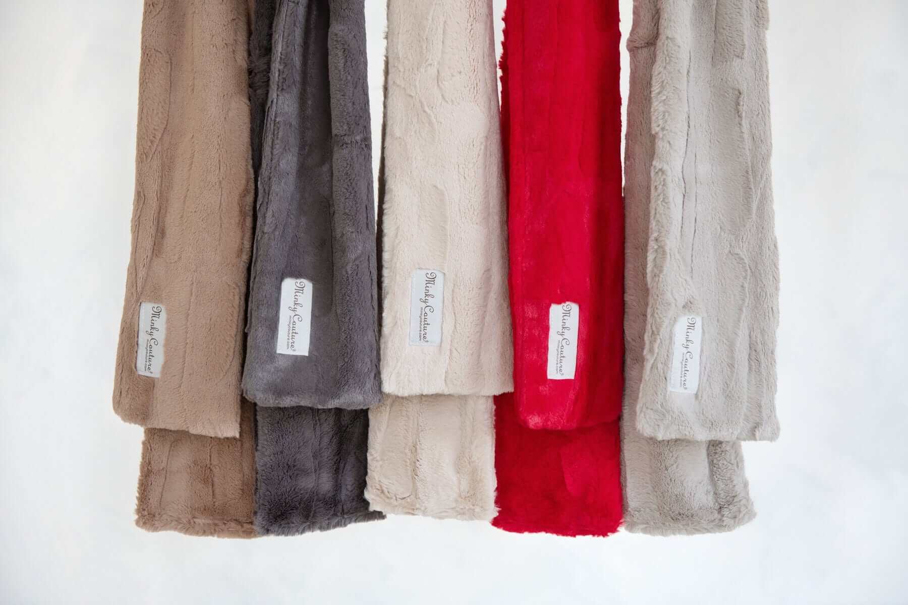 Minky Couture Sorbet Scarf in various colors including Almond Croissant, Tranquil Dove, Charcoal, Red, and Chocolate.