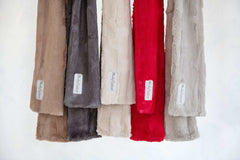 Minky Couture Sorbet Scarf in various colors including Almond Croissant, Tranquil Dove, Charcoal, Red, and Chocolate.