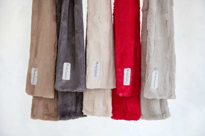 Minky Couture Sorbet Scarf in various colors including Almond Croissant, Tranquil Dove, Charcoal, Red, and Chocolate.