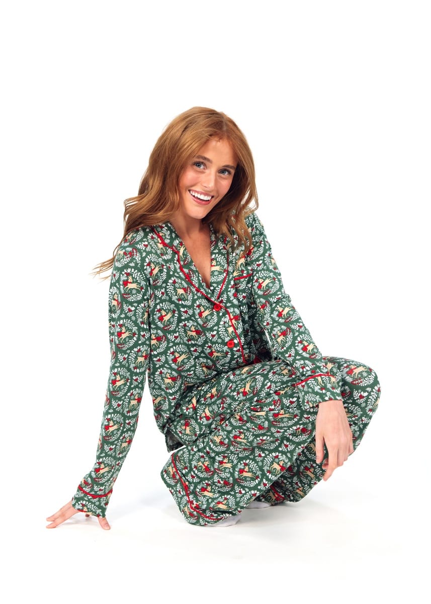 Women's Button Up Pant Set - Green Reindeer