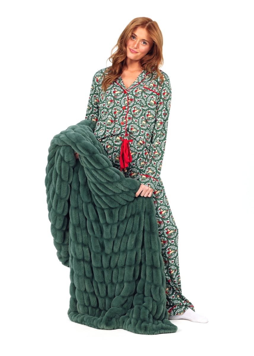 Women's Button Up Pant Set - Green Reindeer