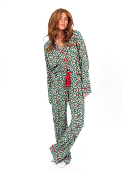 Women's Button Up Pant Set - Green Reindeer