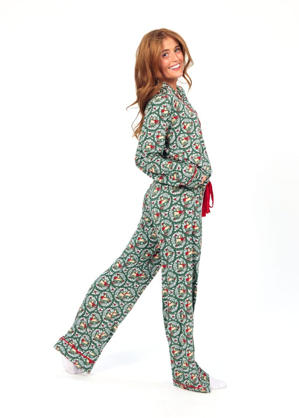 Women's Button Up Pant Set - Green Reindeer