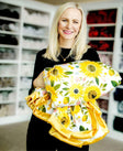 Woman standing holding a yellow watercolor sunflower Little Miss Sunshine Blanket