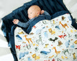 Baby in a ABC Zoo Blanket with zoo animals and their names on it.