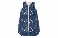 Navy Stars and Moons Wearable Minky Blanket featuring small stars and moons on a navy background.