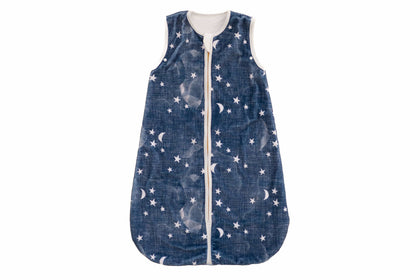 Navy Stars and Moons Wearable Minky Blanket featuring small stars and moons on a navy background.